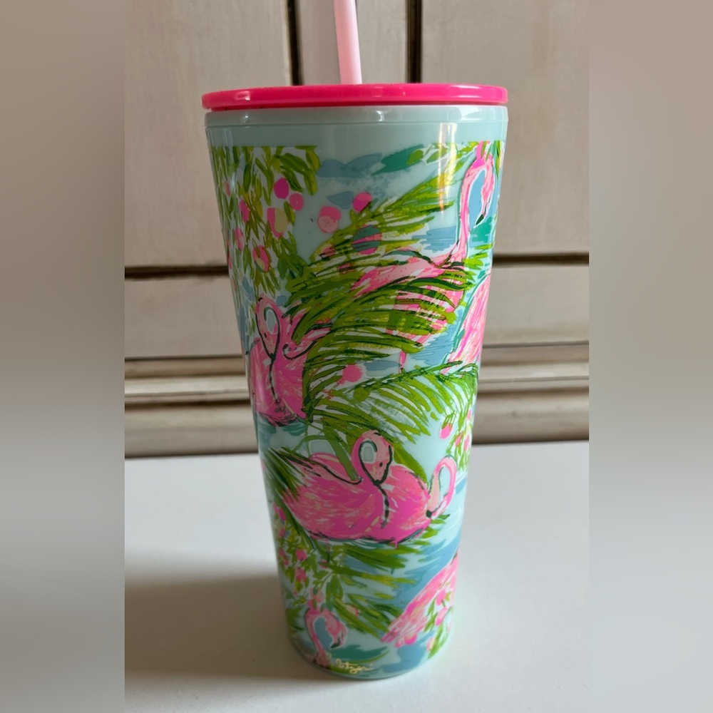 New Lilly Pulitzer Flamingo print tall tumbler with straw preppy drink ware cup